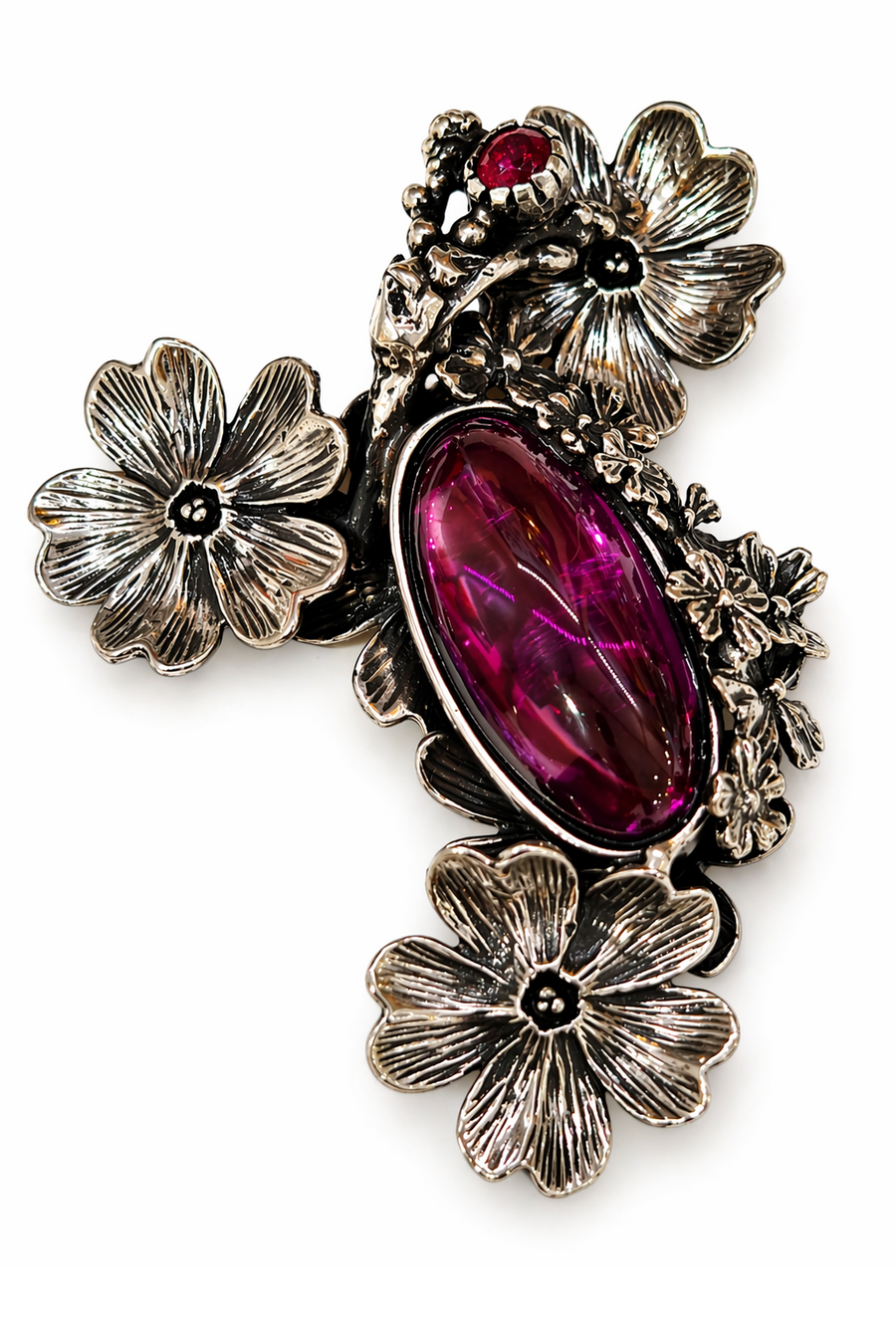 Silver Amethyst & Ruby Brooch