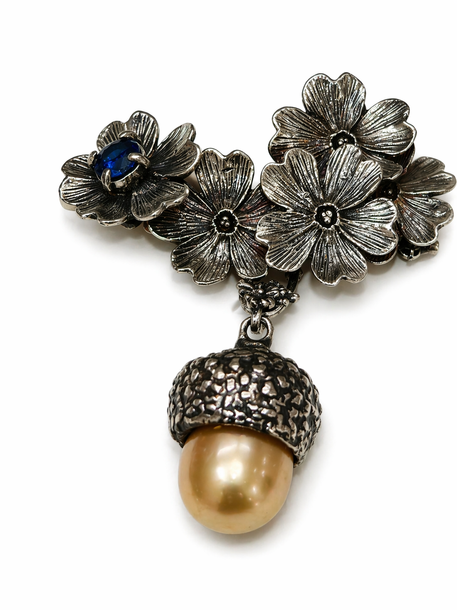 Silver Sapphire & South Sea Pearl Brooch