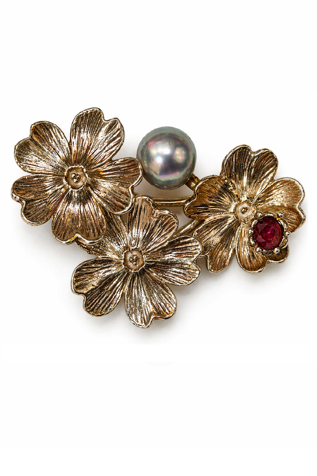 Silver Akoya Pearl & Ruby Brooch