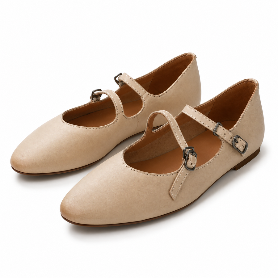 Beige Pointed-Toe Mary Jane Flats
