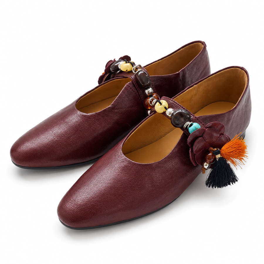 Burgundy Embellished Mary Jane Flats