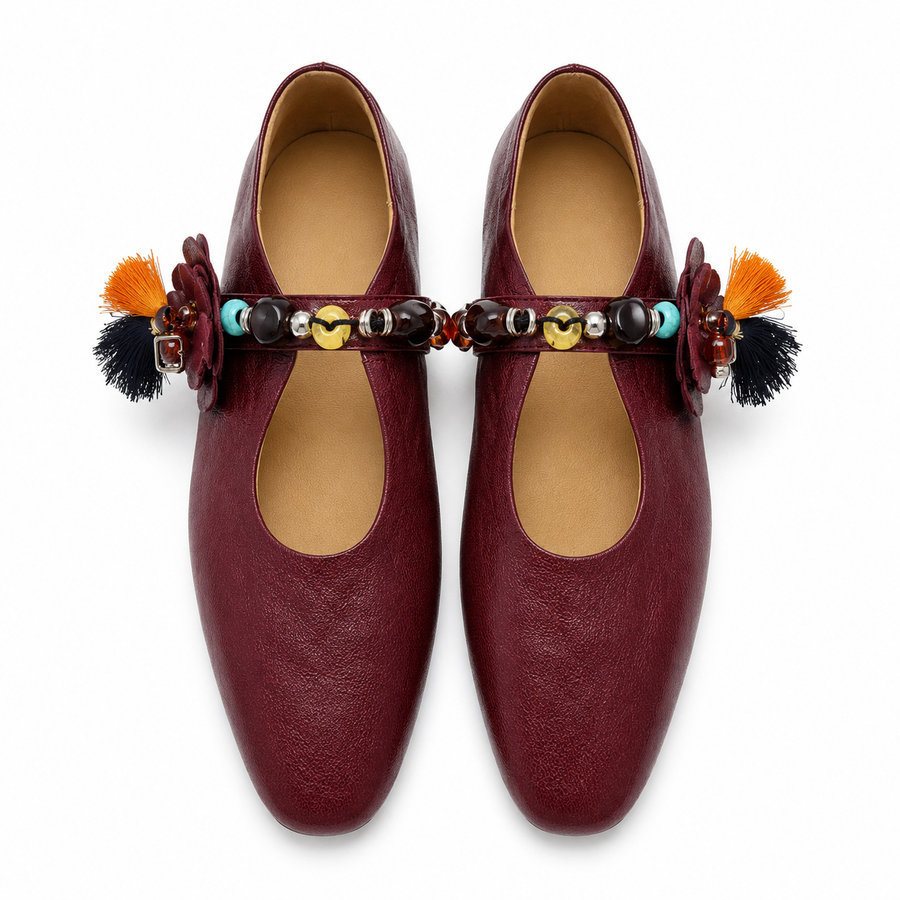 Burgundy Embellished Mary Jane Flats