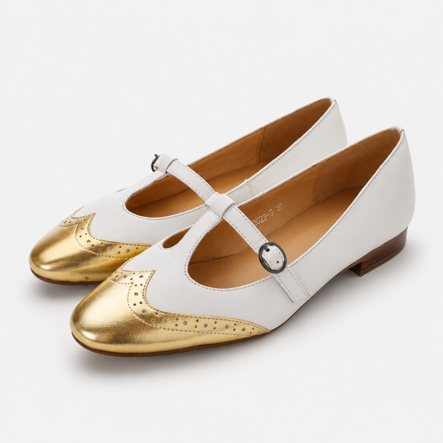 White and Gold T-Strap Brogue Flats