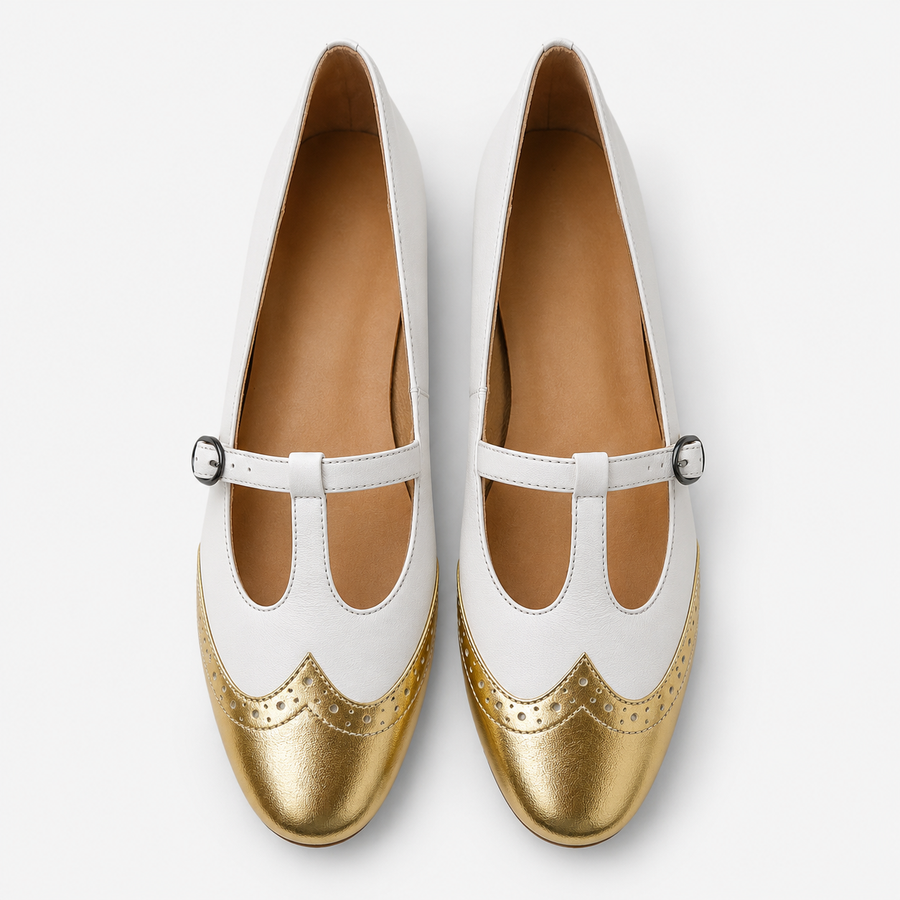 White and Gold T-Strap Brogue Flats