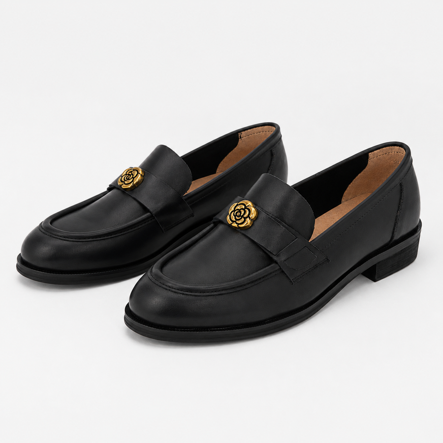 Black Loafers with Gold Floral Emblem