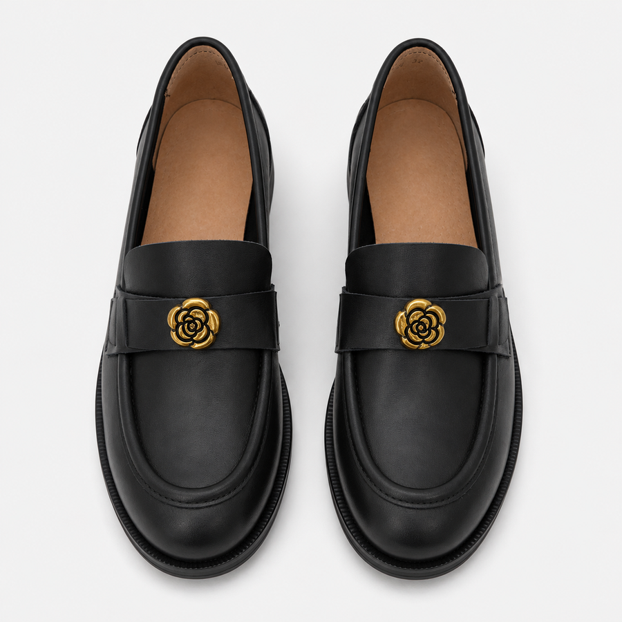 Black Loafers with Gold Floral Emblem