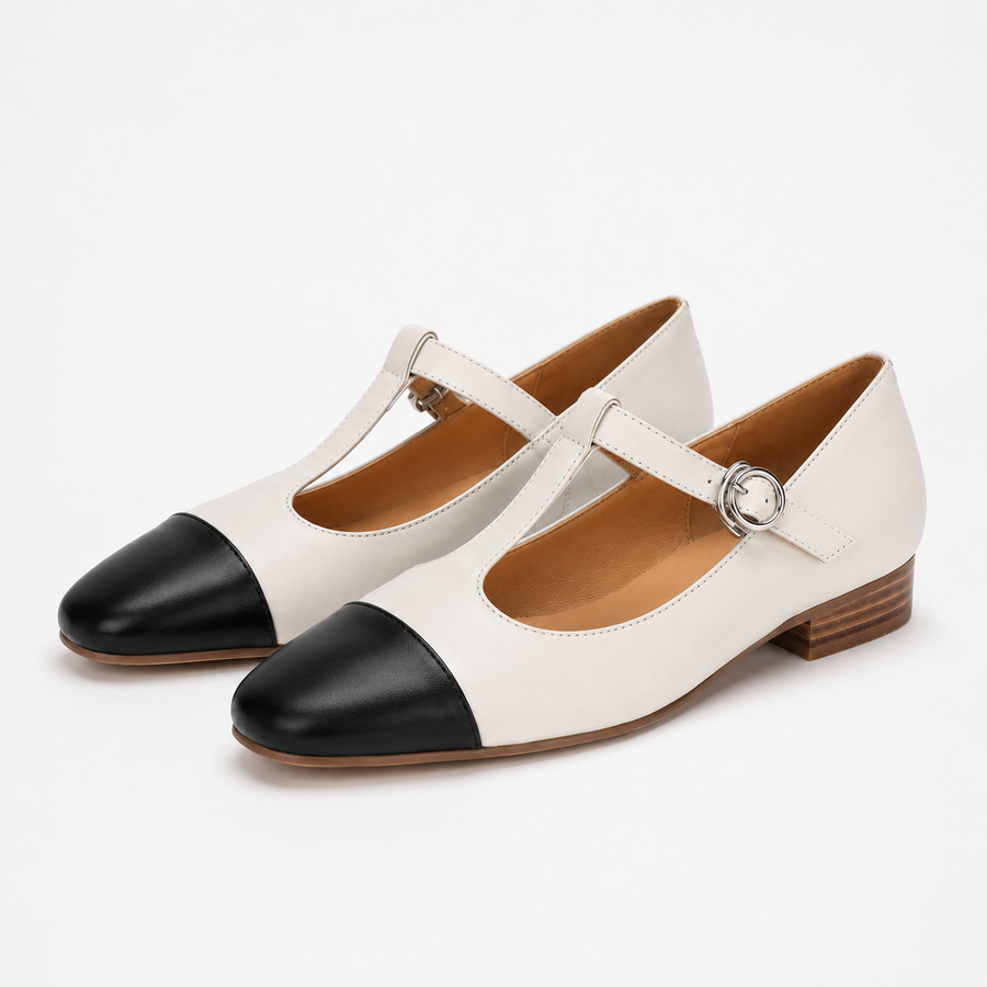 Ivory and Black Cap-Toe T-Strap Shoes