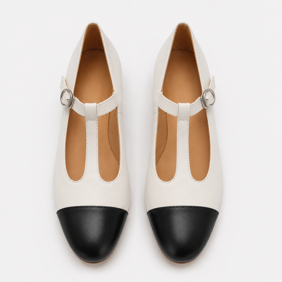 Ivory and Black Cap-Toe T-Strap Shoes
