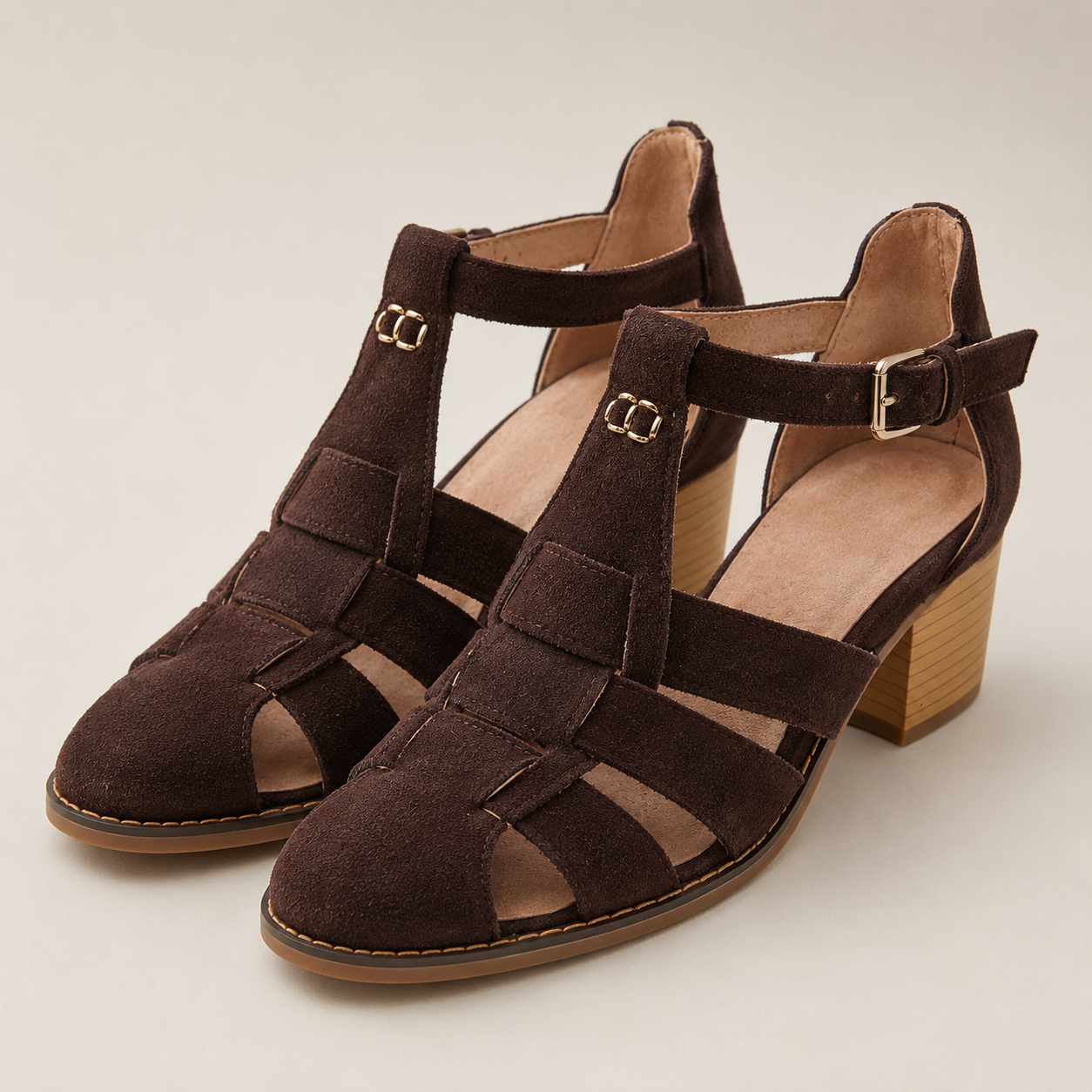Dark Brown Suede-Look Caged Sandals