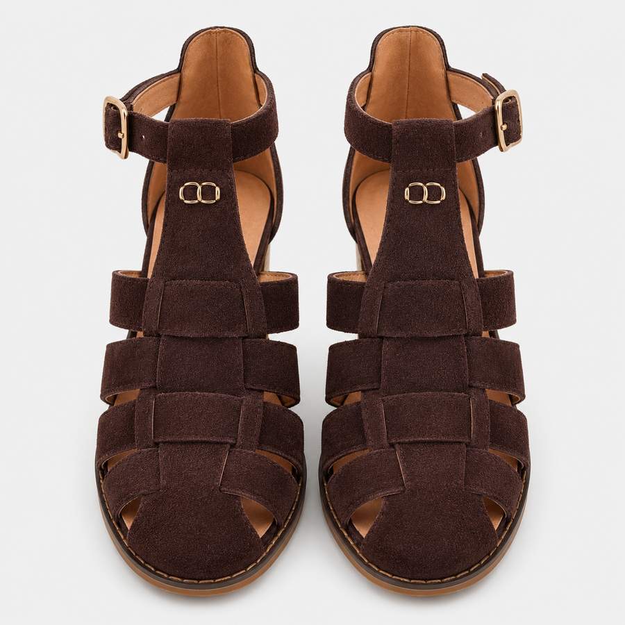 Dark Brown Suede-Look Caged Sandals