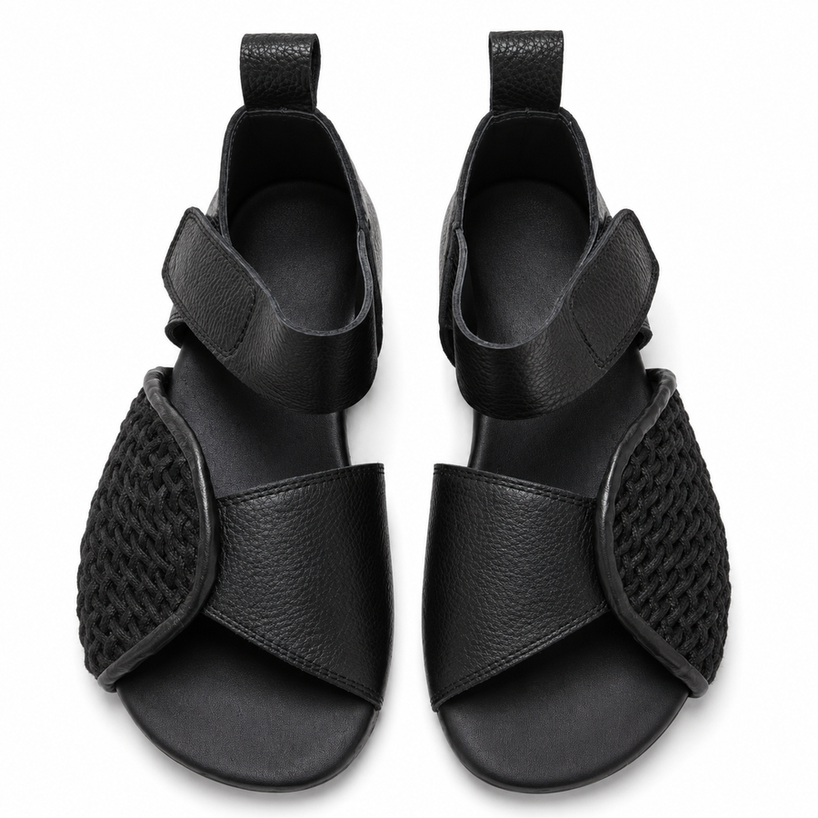 Black Woven Panel Ankle-Strap Sandals