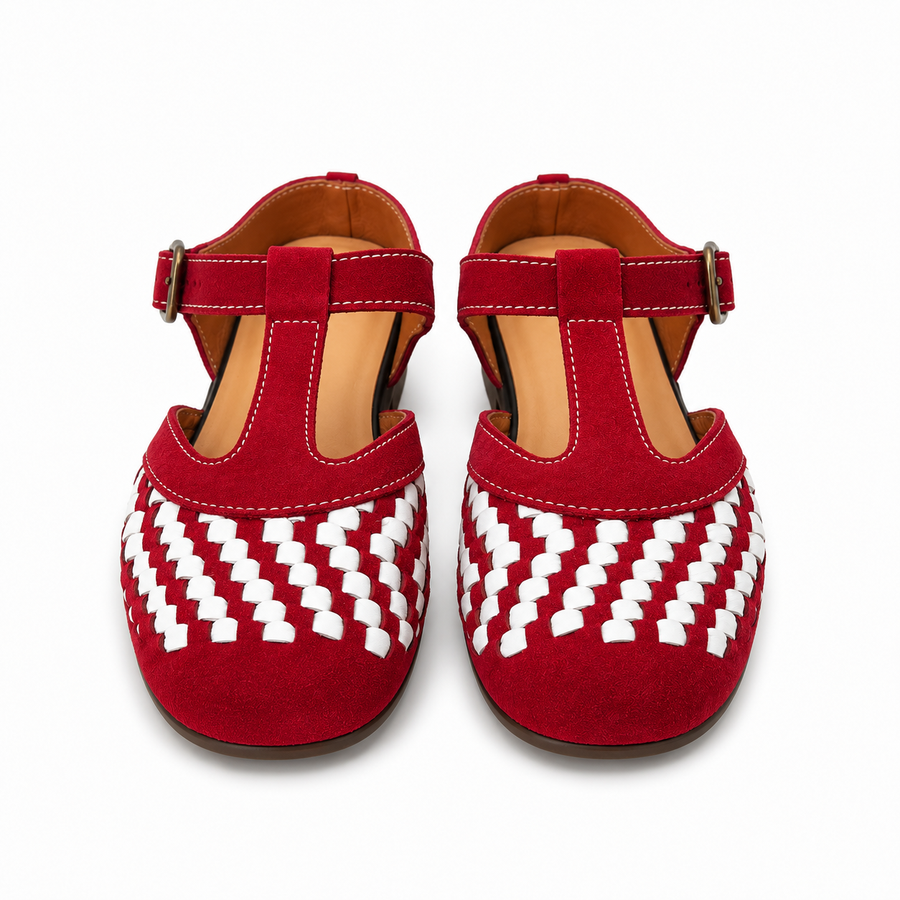 Red and White Woven T-Strap Flats