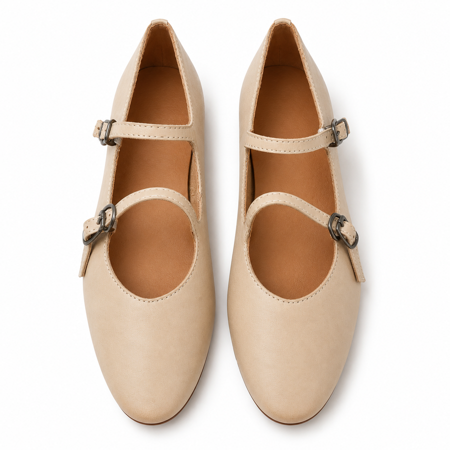 Beige Pointed-Toe Mary Jane Flats