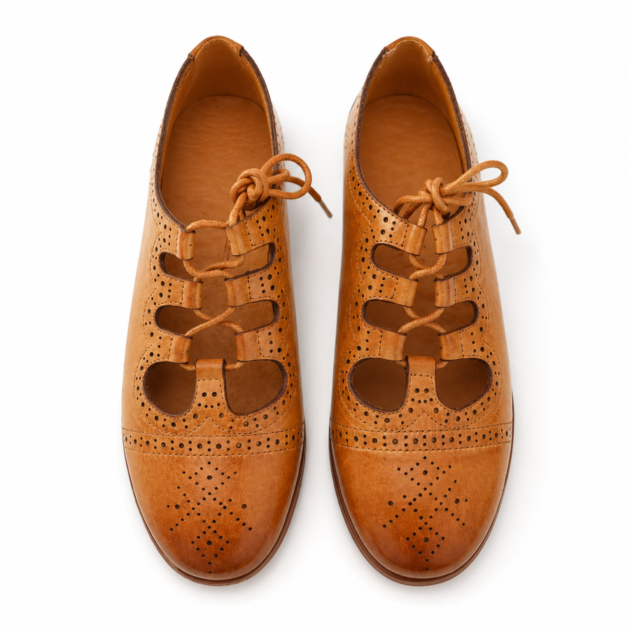 Tan Perforated Lace-Up Brogue Flats