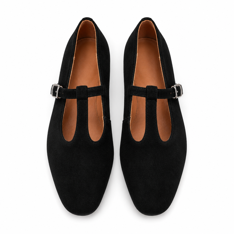 Black Suede T-Strap Mary Jane Flats