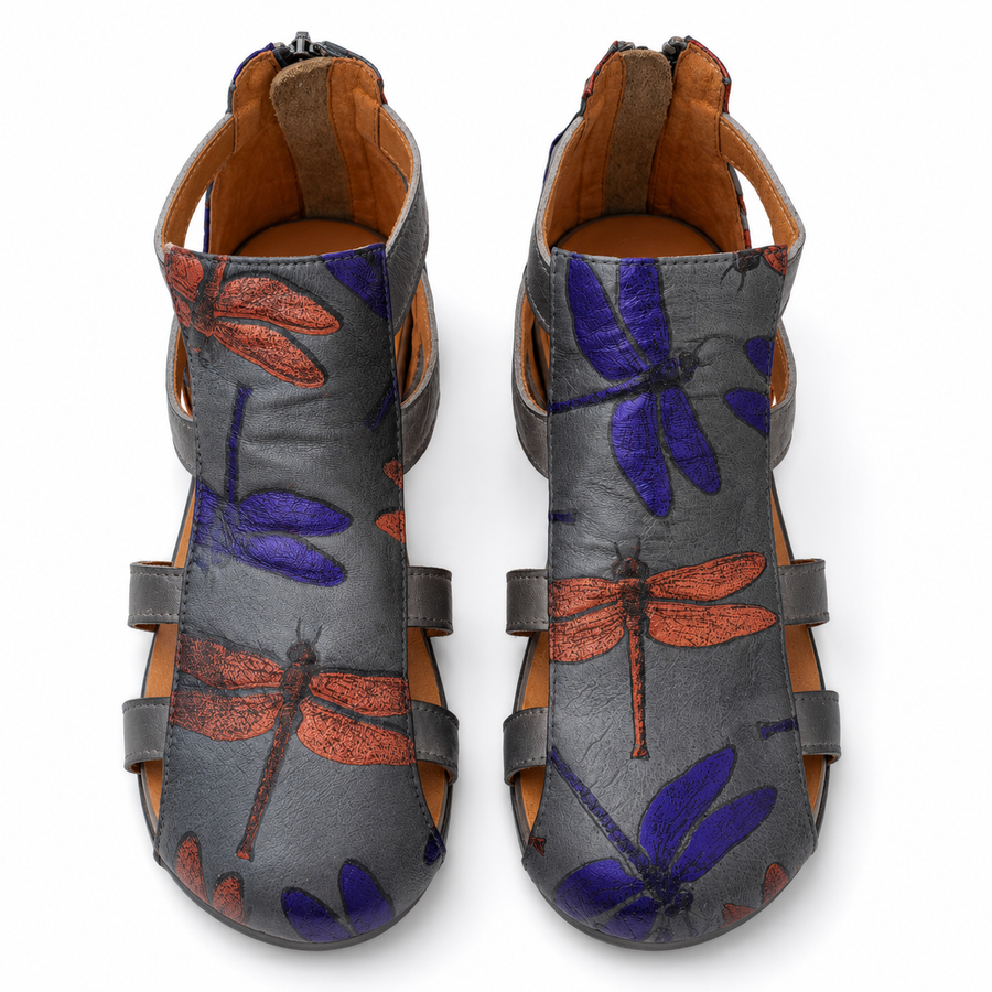 Grey Dragonfly Print Cutout Sandals