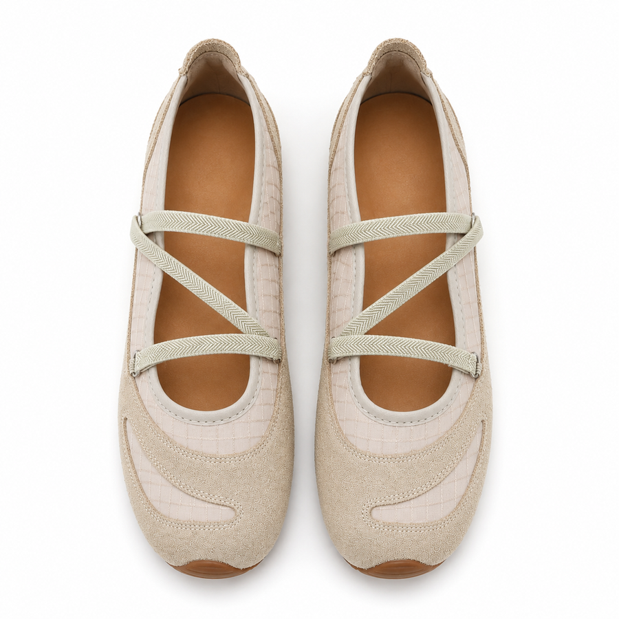 Beige Cross-Strap Textured Ballet Flats