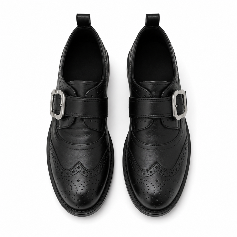 Black Buckle Brogue Monk-Strap Flats