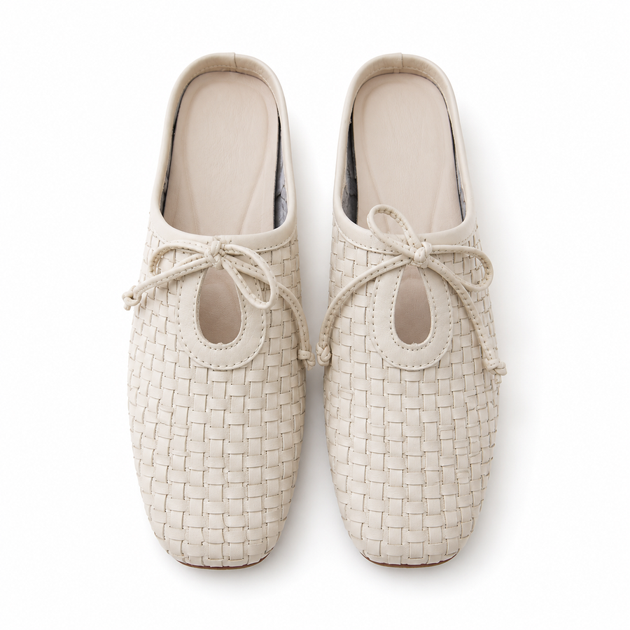 Ivory Woven Bow-Detail Mules