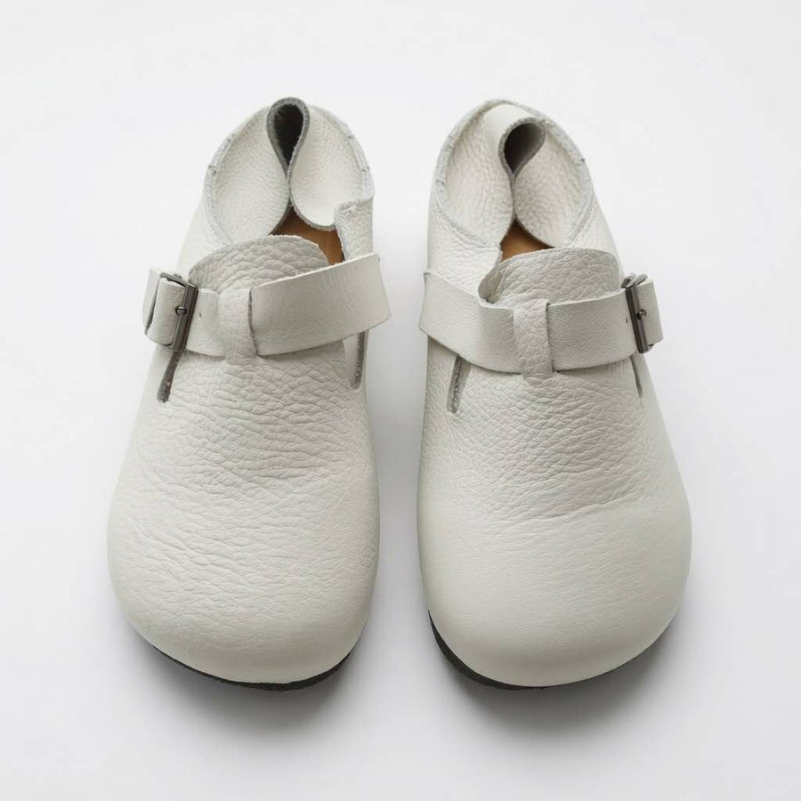 White Leather Buckle Clogs