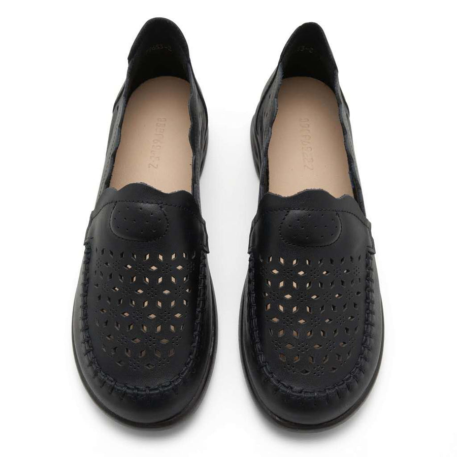 Black Perforated Leather Loafers